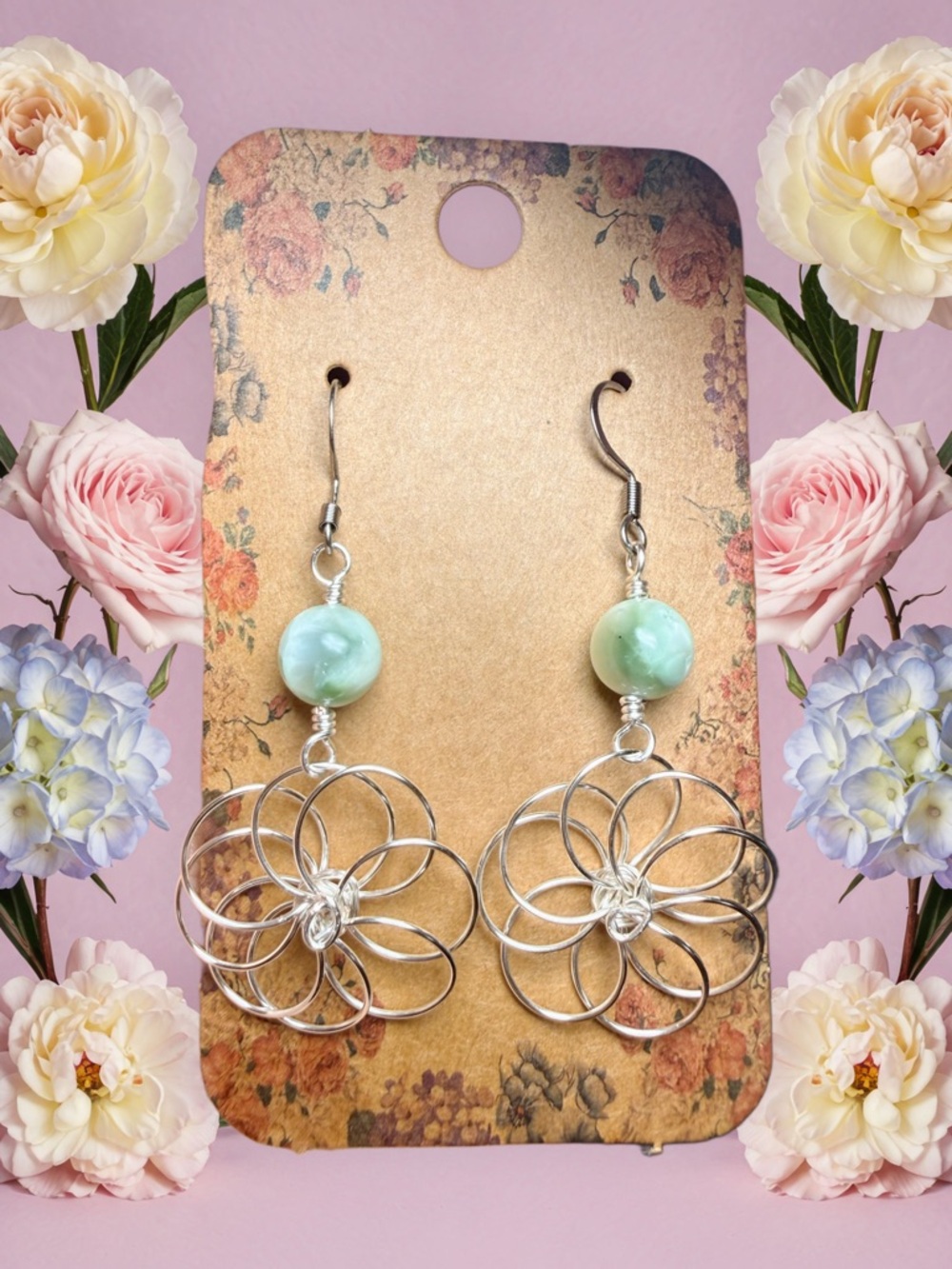 Green Moonstone Flower Earrings Wire Wrapped Handmade